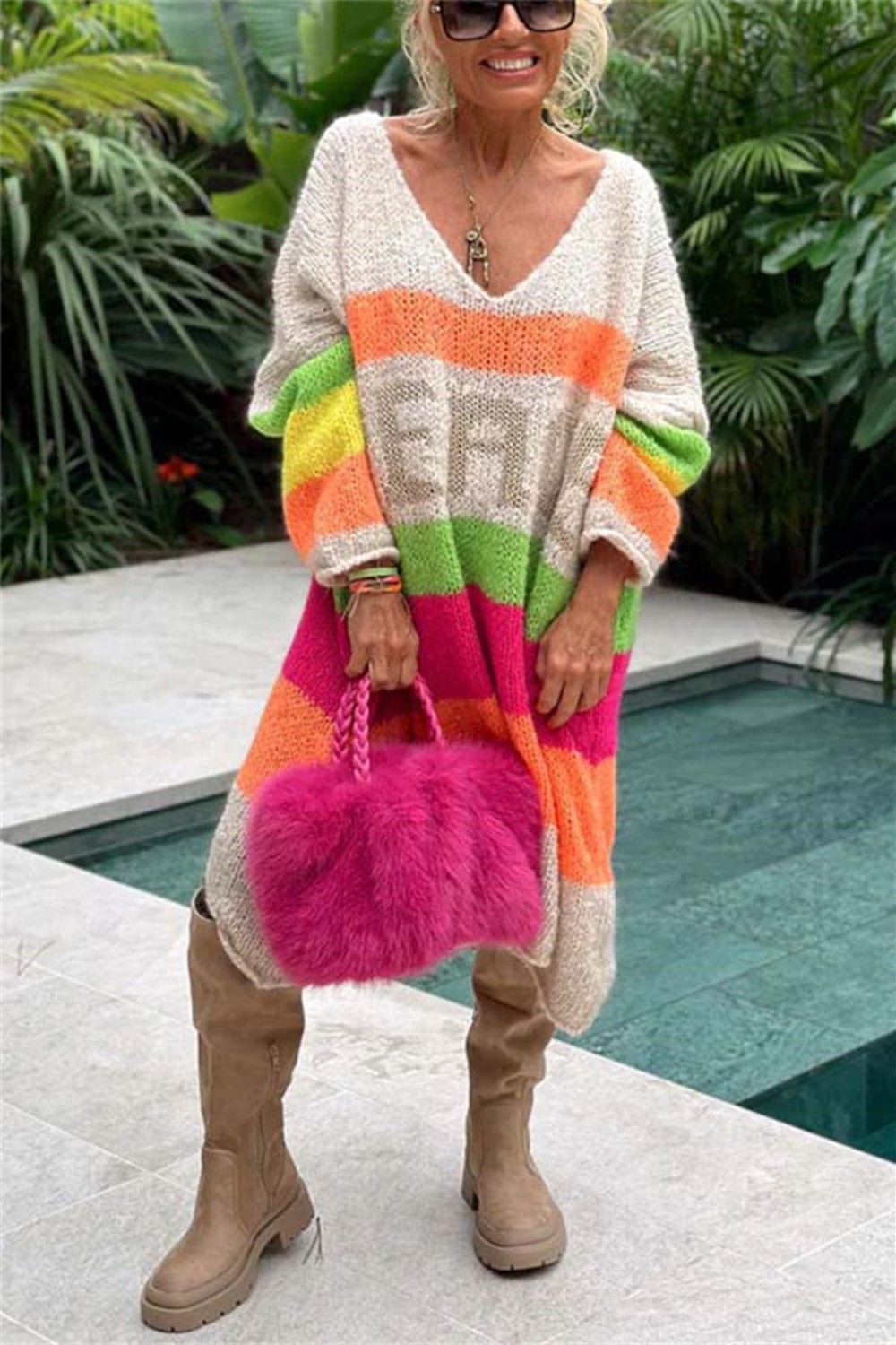 Trendsi Fall Color Block V-Neck Long Sleeve Sweater Dress Color Block V-Neck Long Sleeve Sweater Dress