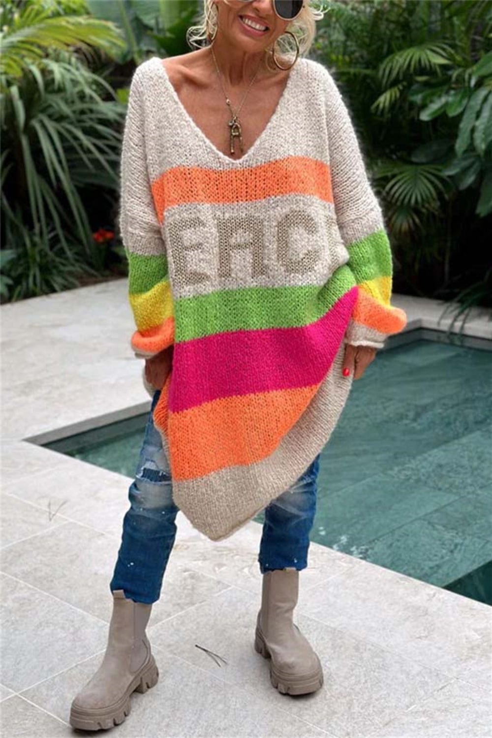 Trendsi Fall Color Block V-Neck Long Sleeve Sweater Dress Color Block V-Neck Long Sleeve Sweater Dress