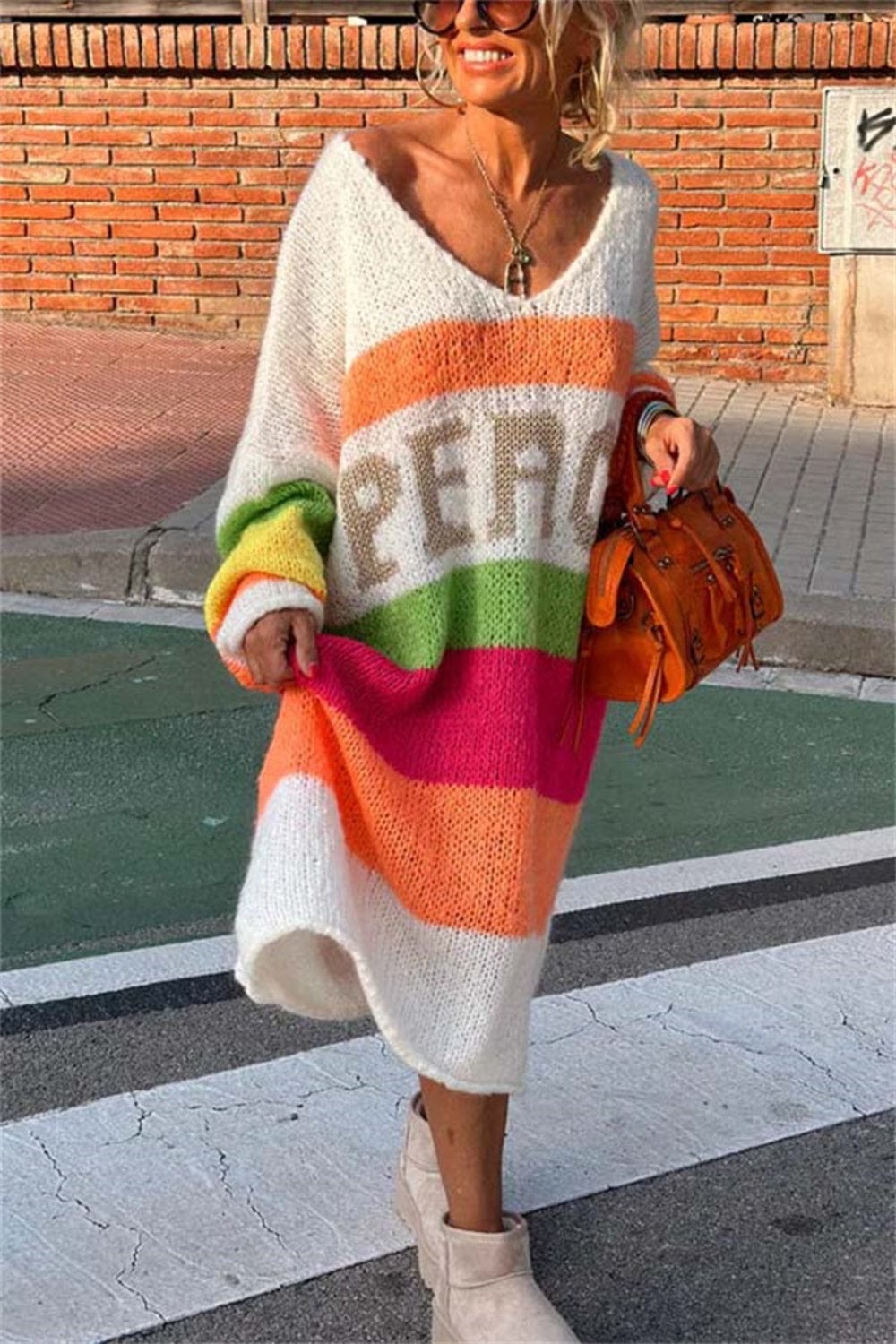 Trendsi Fall Color Block V-Neck Long Sleeve Sweater Dress Color Block V-Neck Long Sleeve Sweater Dress