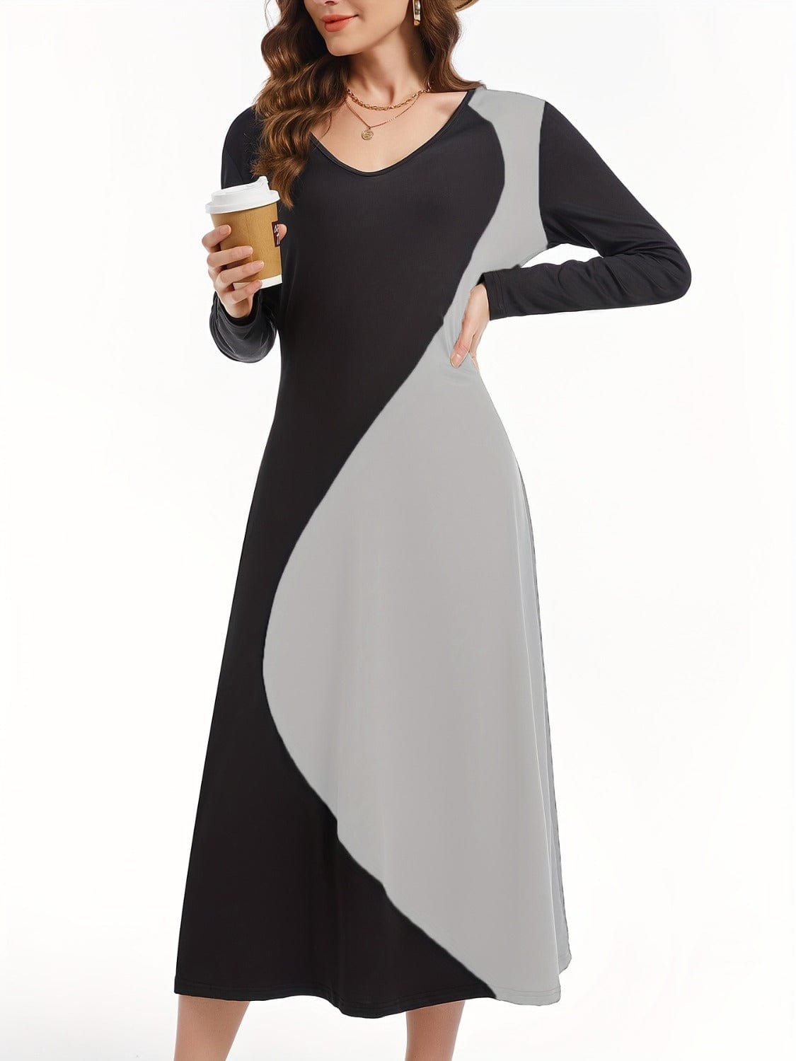 Trendsi Fall Contrast Long Sleeve Midi Dress Contrast Long Sleeve Midi Dress