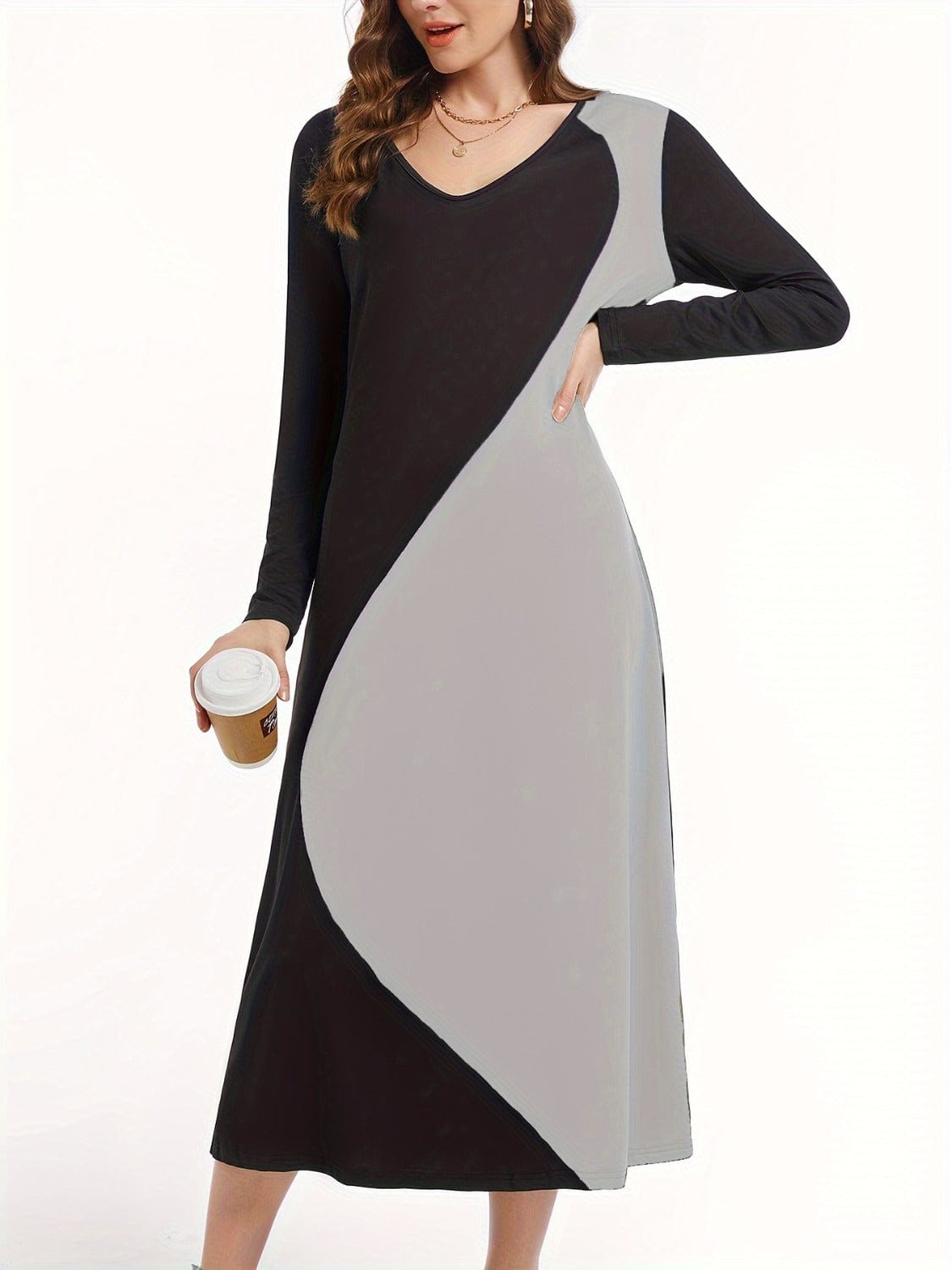 Trendsi Fall Contrast Long Sleeve Midi Dress Contrast Long Sleeve Midi Dress