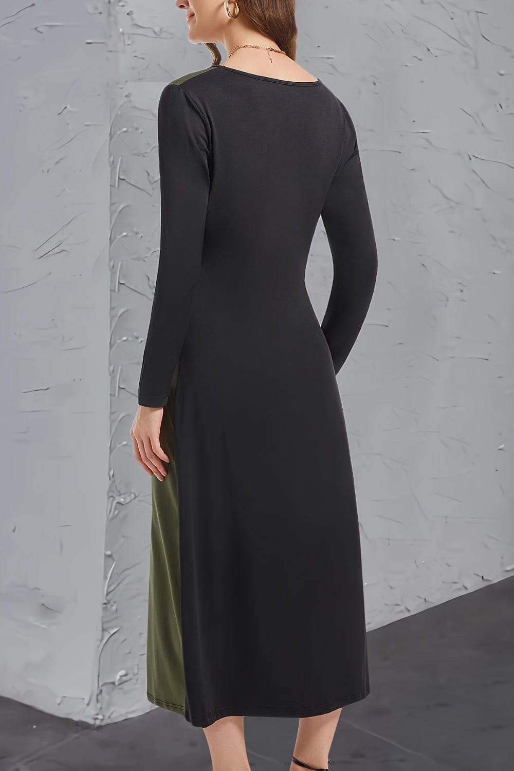 Trendsi Fall Contrast Long Sleeve Midi Dress Contrast Long Sleeve Midi Dress
