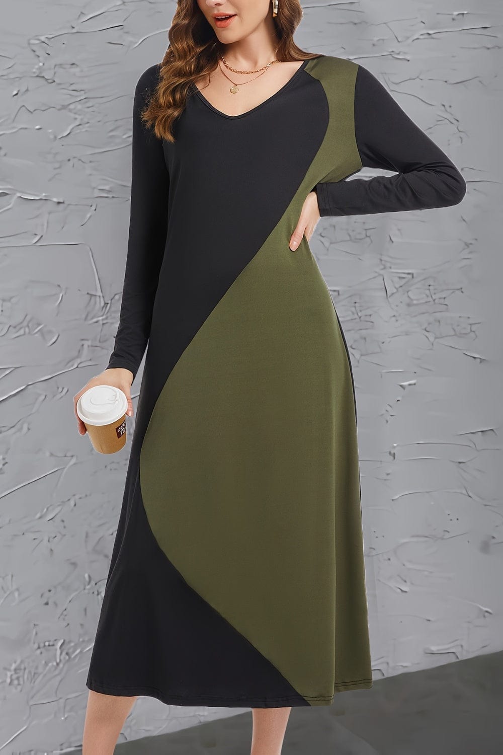 Trendsi Fall Contrast Long Sleeve Midi Dress Contrast Long Sleeve Midi Dress