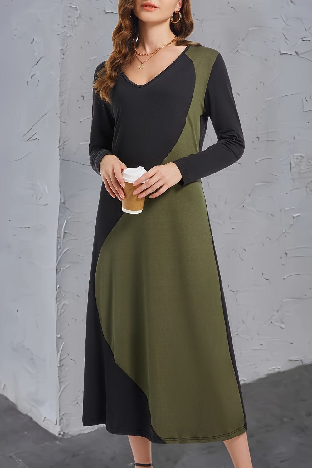 Trendsi Fall Contrast Long Sleeve Midi Dress Contrast Long Sleeve Midi Dress