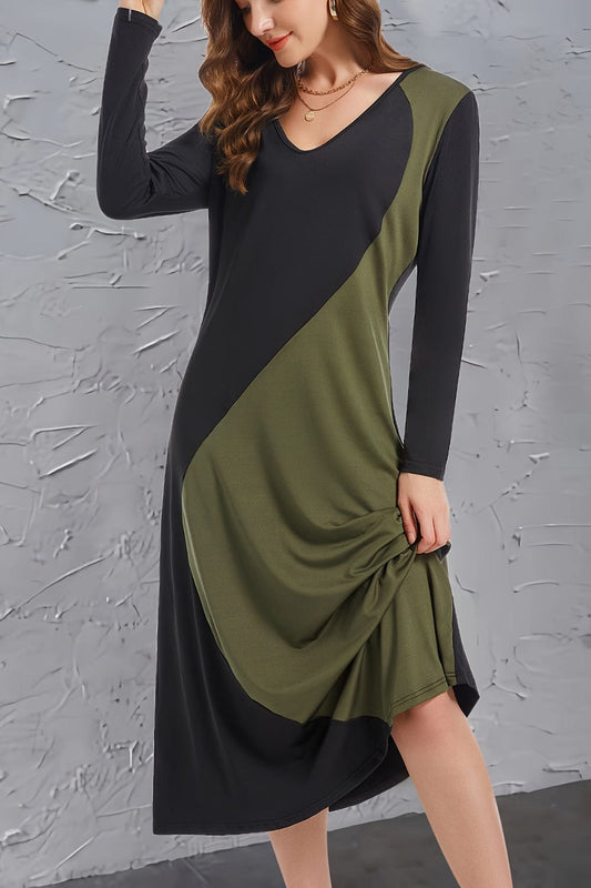 Trendsi Fall Contrast Long Sleeve Midi Dress Contrast Long Sleeve Midi Dress
