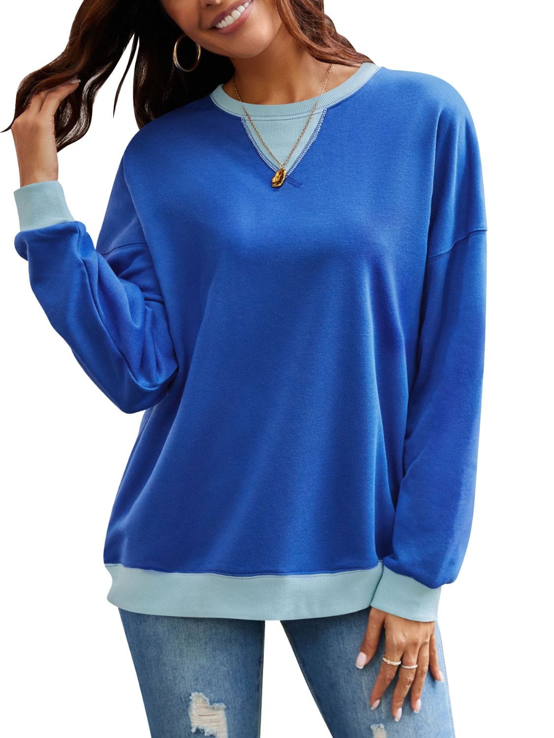 Trendsi Fall Contrast Round Neck Long Sleeve Sweatshirt Contrast Round Neck Long Sleeve Sweatshirt