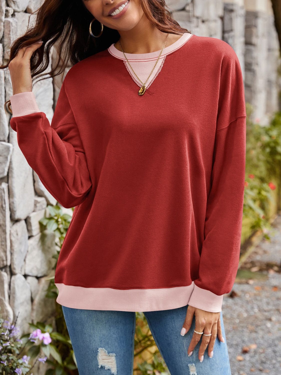 Trendsi Fall Contrast Round Neck Long Sleeve Sweatshirt Contrast Round Neck Long Sleeve Sweatshirt
