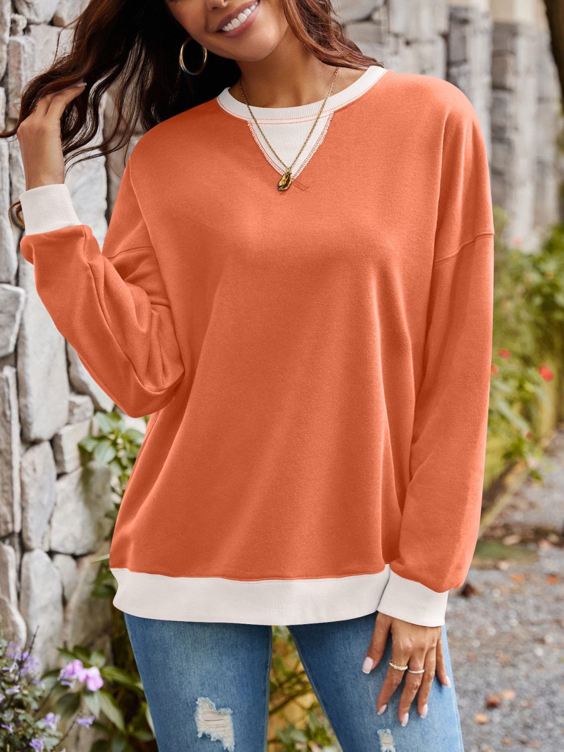 Trendsi Fall Contrast Round Neck Long Sleeve Sweatshirt Contrast Round Neck Long Sleeve Sweatshirt