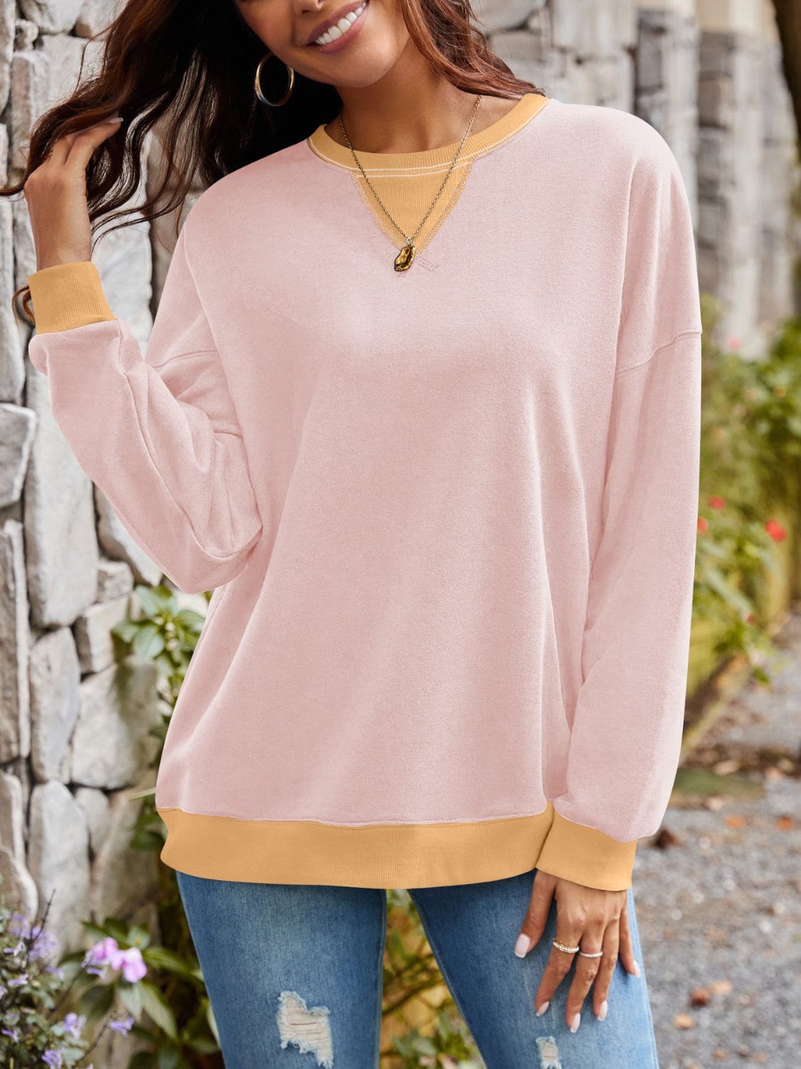 Trendsi Fall Contrast Round Neck Long Sleeve Sweatshirt Contrast Round Neck Long Sleeve Sweatshirt