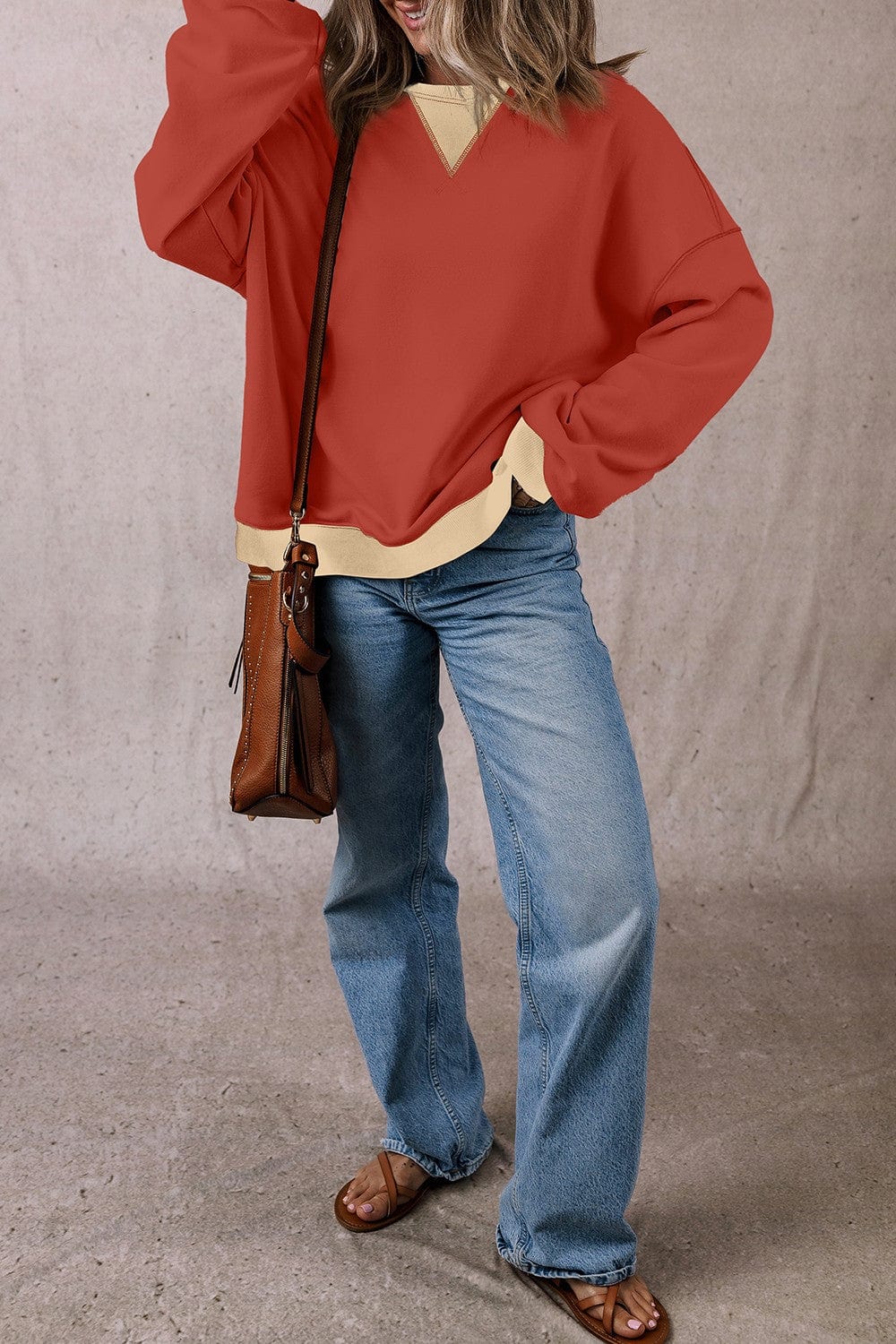 Trendsi Fall Contrast Round Neck Long Sleeve Sweatshirt Contrast Round Neck Long Sleeve Sweatshirt