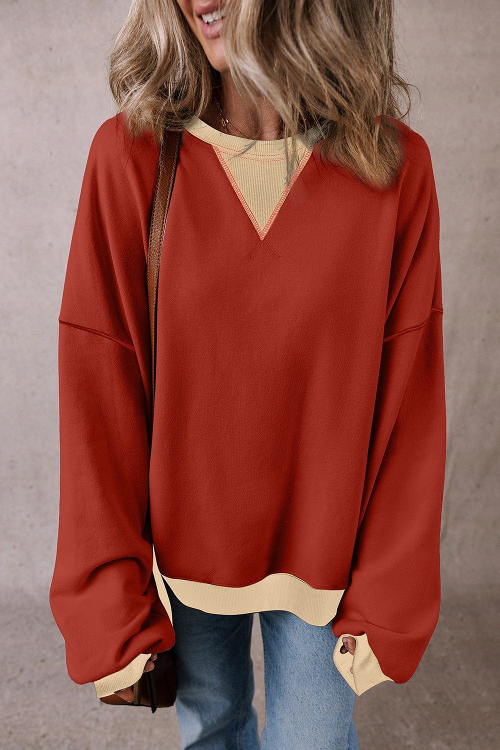 Trendsi Fall Contrast Round Neck Long Sleeve Sweatshirt Contrast Round Neck Long Sleeve Sweatshirt
