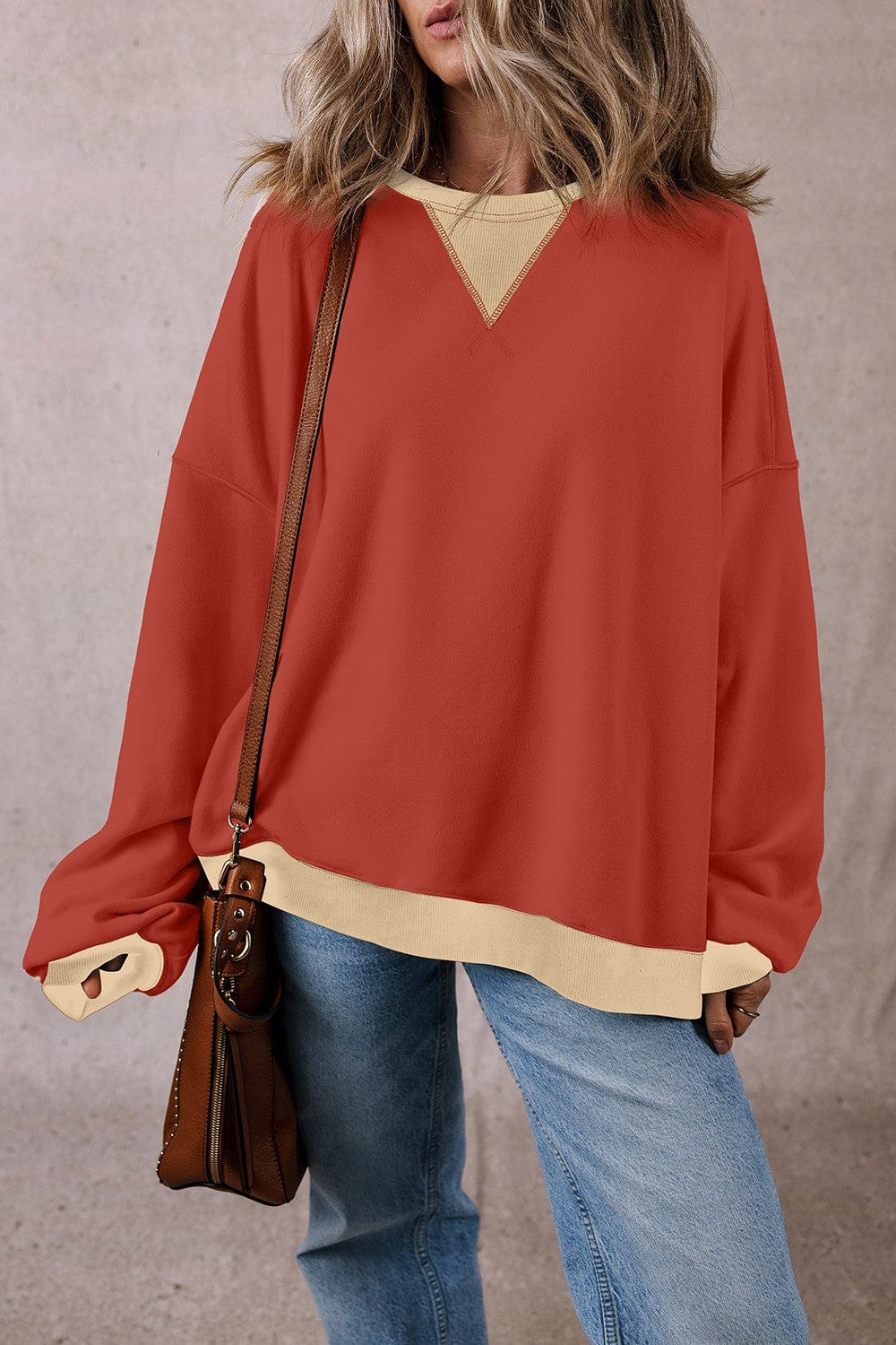 Trendsi Fall Contrast Round Neck Long Sleeve Sweatshirt Contrast Round Neck Long Sleeve Sweatshirt