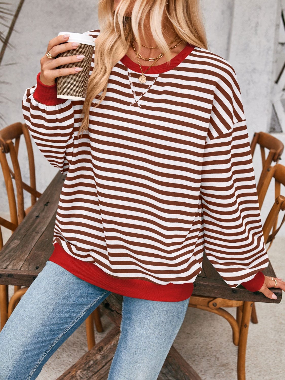 Trendsi Fall Contrast Striped Long Sleeve Sweatshirt Contrast Striped Long Sleeve Sweatshirt