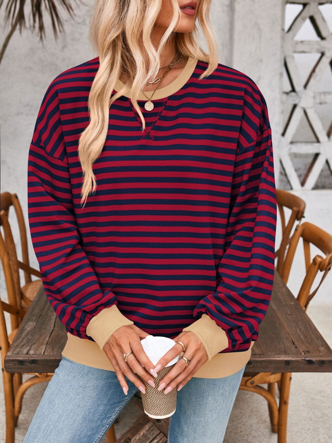Trendsi Fall Contrast Striped Long Sleeve Sweatshirt Contrast Striped Long Sleeve Sweatshirt