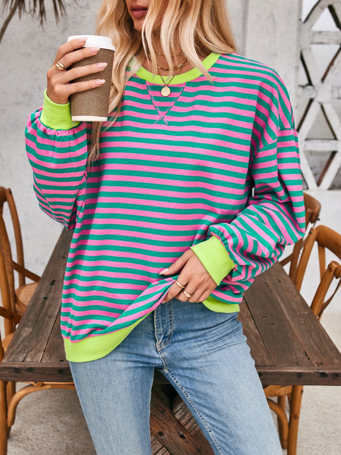 Trendsi Fall Contrast Striped Long Sleeve Sweatshirt Contrast Striped Long Sleeve Sweatshirt