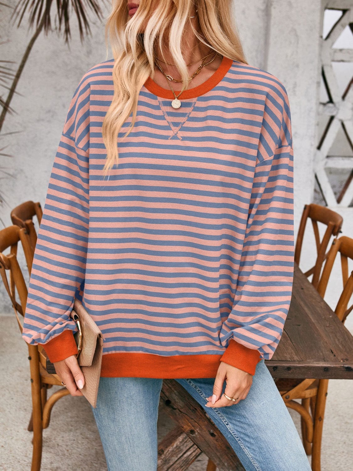 Trendsi Fall Contrast Striped Long Sleeve Sweatshirt Contrast Striped Long Sleeve Sweatshirt
