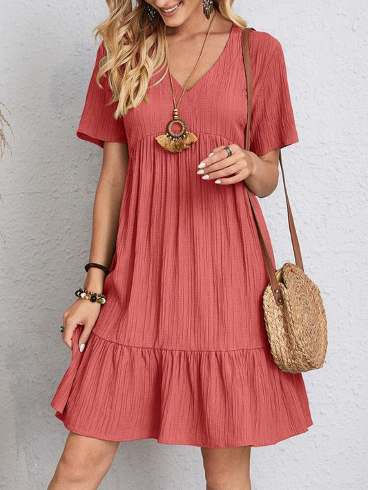 Trendsi Fall Coral / S Full Size V-Neck Short Sleeve Dress Full Size V-Neck Short Sleeve Dress