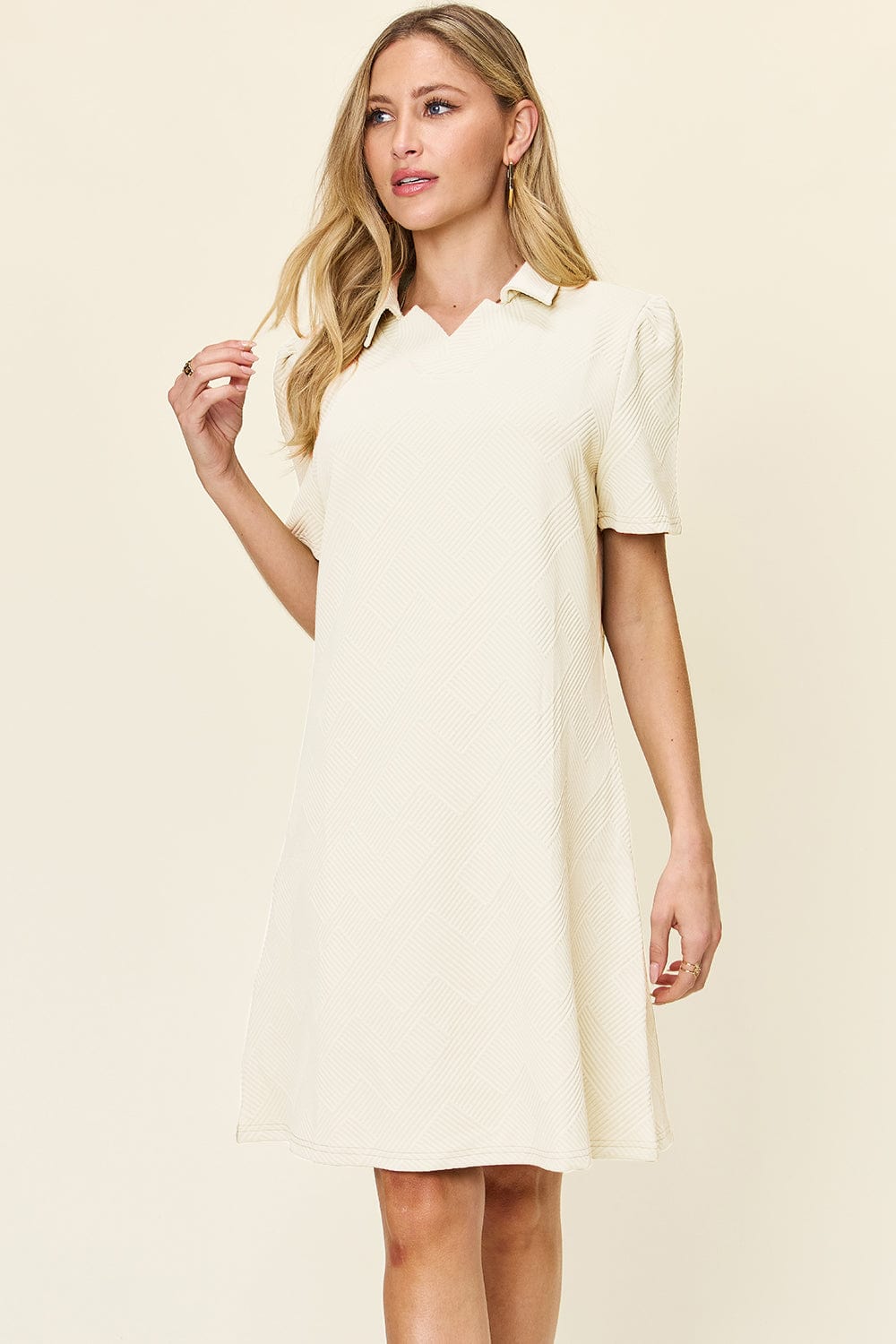 Trendsi Fall Cream / S Double Take Full Size Texture Collared Neck Short Sleeve Dress Double Take Full Size Texture Collared Neck Short Sleeve Dress