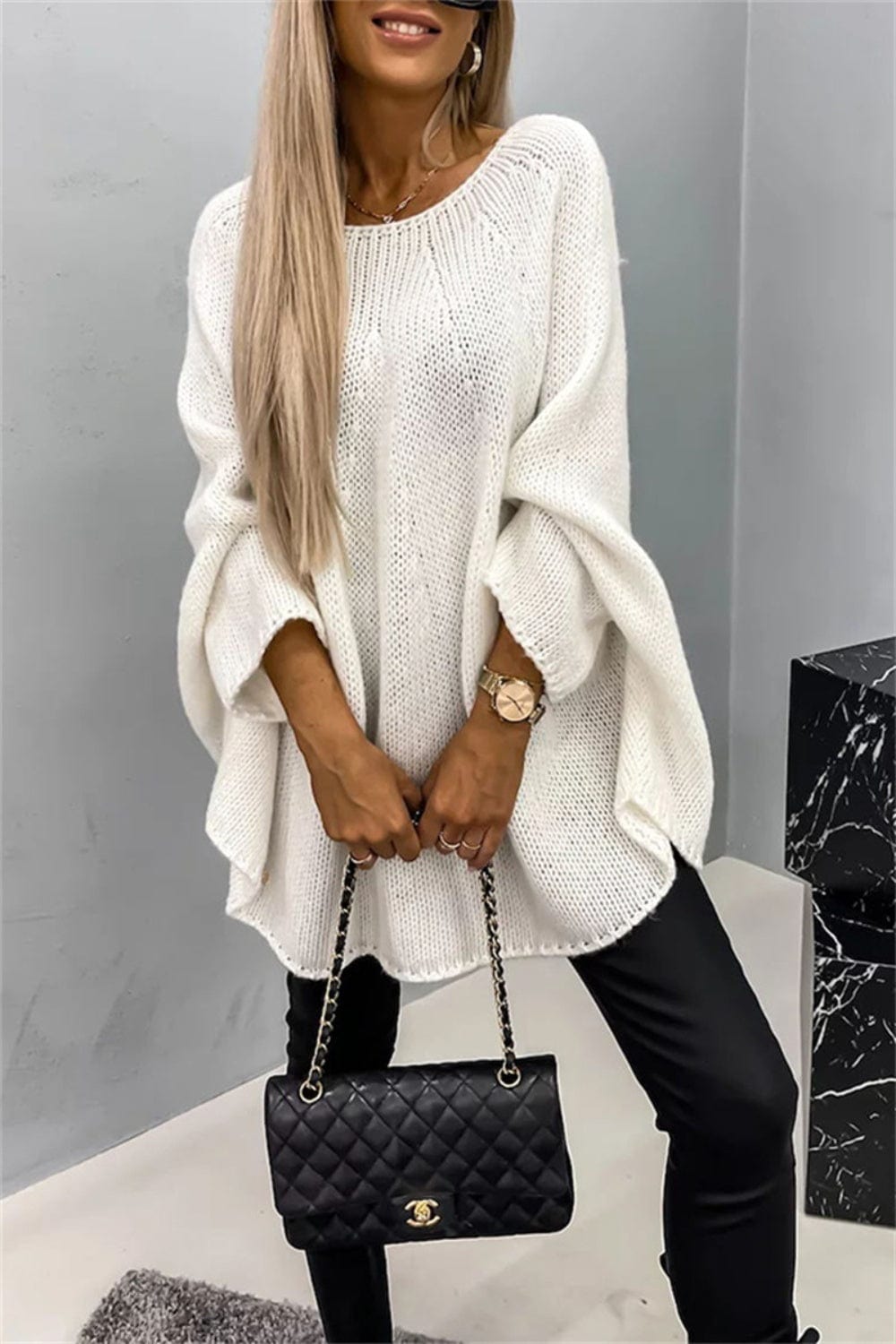 Trendsi Fall Cream / S/M Round Neck Batwing Sleeve Sweater Round Neck Batwing Sleeve Sweater