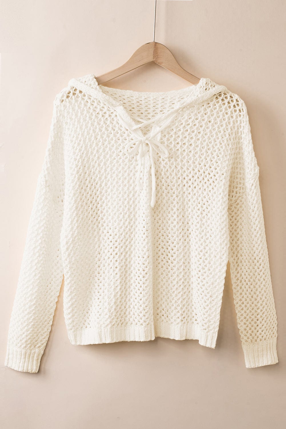Trendsi Fall Cream / S Openwork Lace-Up Hooded Sweater Openwork Lace-Up Hooded Sweater