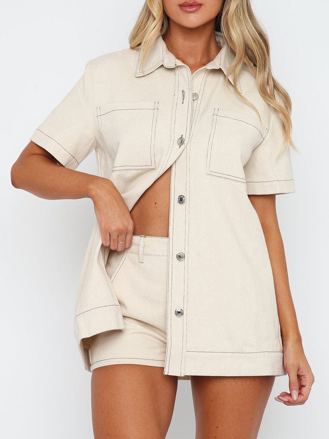 Trendsi Fall Cream / S Pocketed Button Up Top and Shorts Set Pocketed Button Up Top and Shorts Set