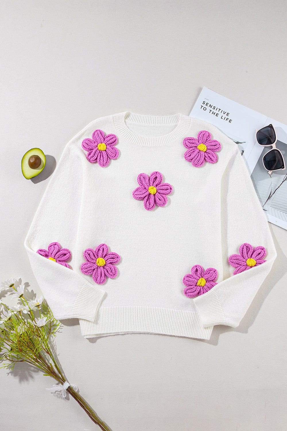 Trendsi Fall Crochet Flower Round Neck Long Sleeve Sweater Crochet Flower Round Neck Long Sleeve Sweater
