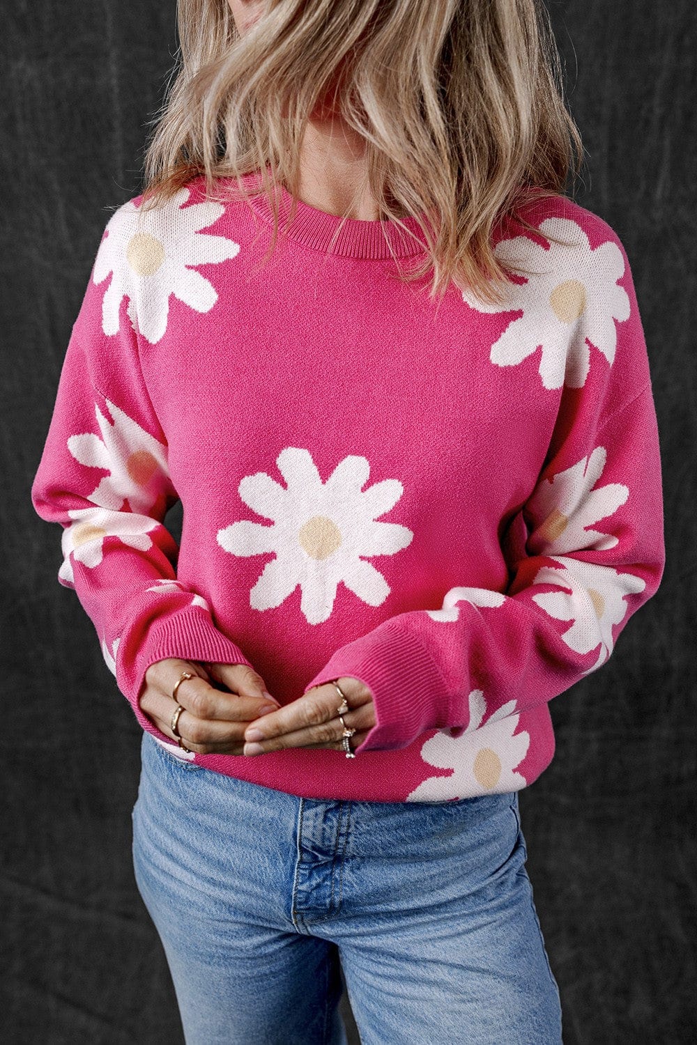 Trendsi Fall Daisy Round Neck Dropped Shoulder Sweater Daisy Round Neck Dropped Shoulder Sweater