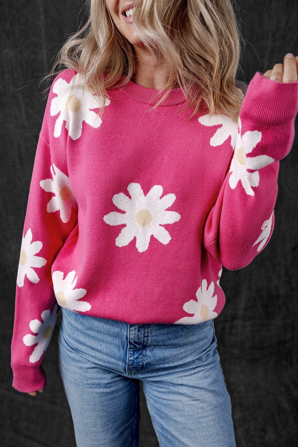 Trendsi Fall Daisy Round Neck Dropped Shoulder Sweater Daisy Round Neck Dropped Shoulder Sweater