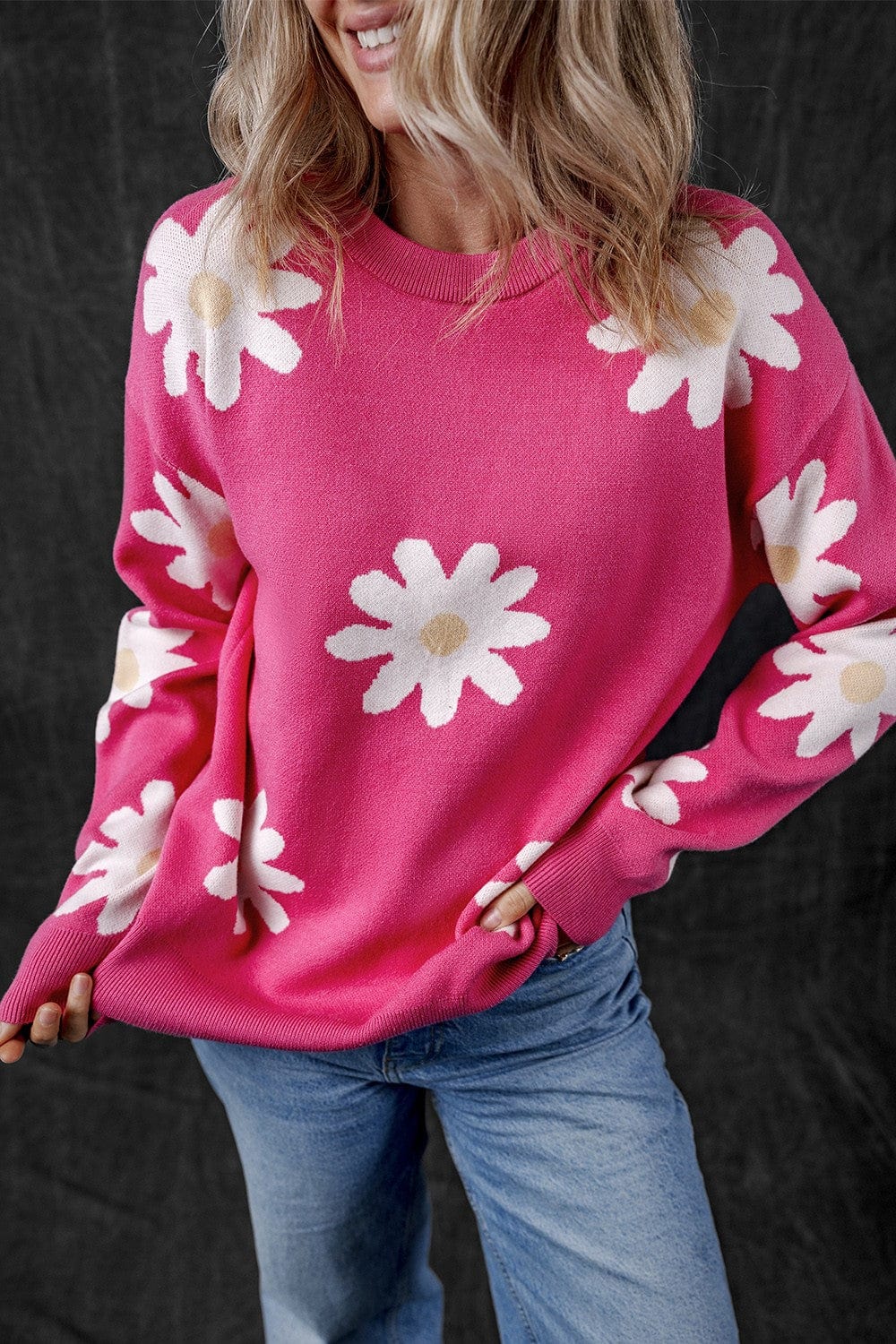 Trendsi Fall Daisy Round Neck Dropped Shoulder Sweater Daisy Round Neck Dropped Shoulder Sweater