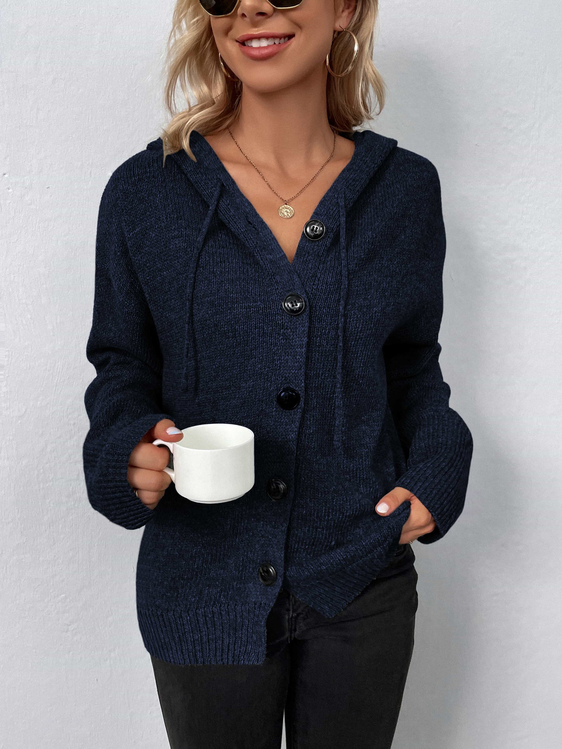 Trendsi Fall Dark Blue / S Button-Down Long Sleeve Hooded Sweater Button-Down Long Sleeve Hooded Sweater