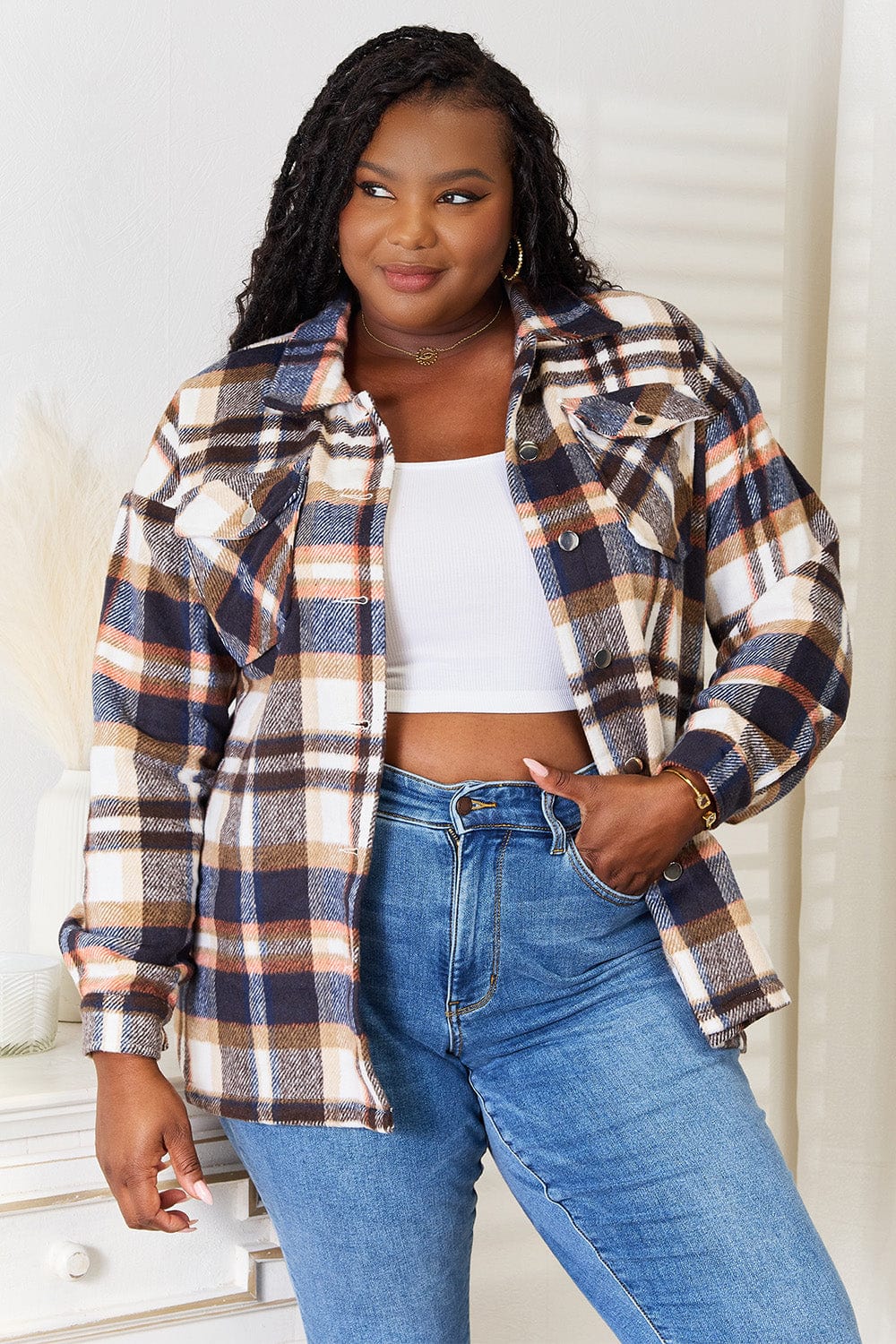 Trendsi Fall Dark Blue / S Double Take Plaid Button Front Shirt Jacket with Breast Pockets Double Take Plaid Button Front Shirt Jacket with Breast Pockets