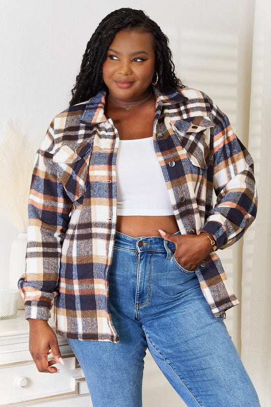 Trendsi Fall Dark Blue / S Double Take Plaid Button Front Shirt Jacket with Breast Pockets Double Take Plaid Button Front Shirt Jacket with Breast Pockets