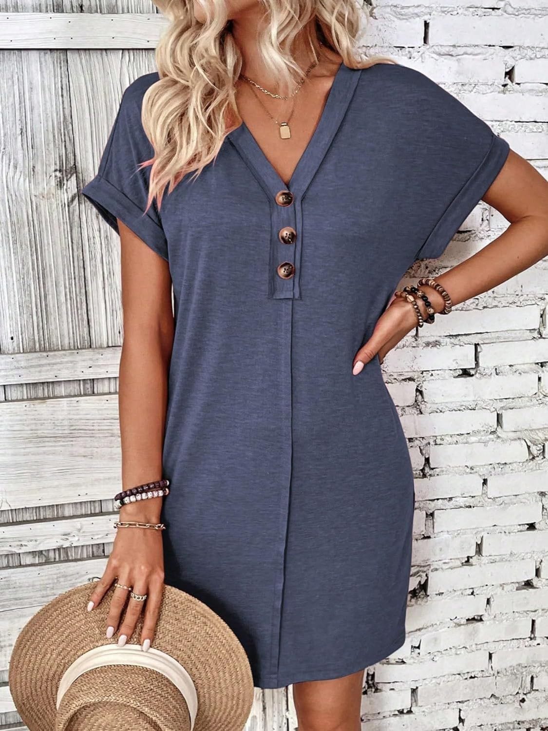 Trendsi Fall Dark Blue / S Quarter Button V-Neck Short Sleeve Dress Quarter Button V-Neck Short Sleeve Dress