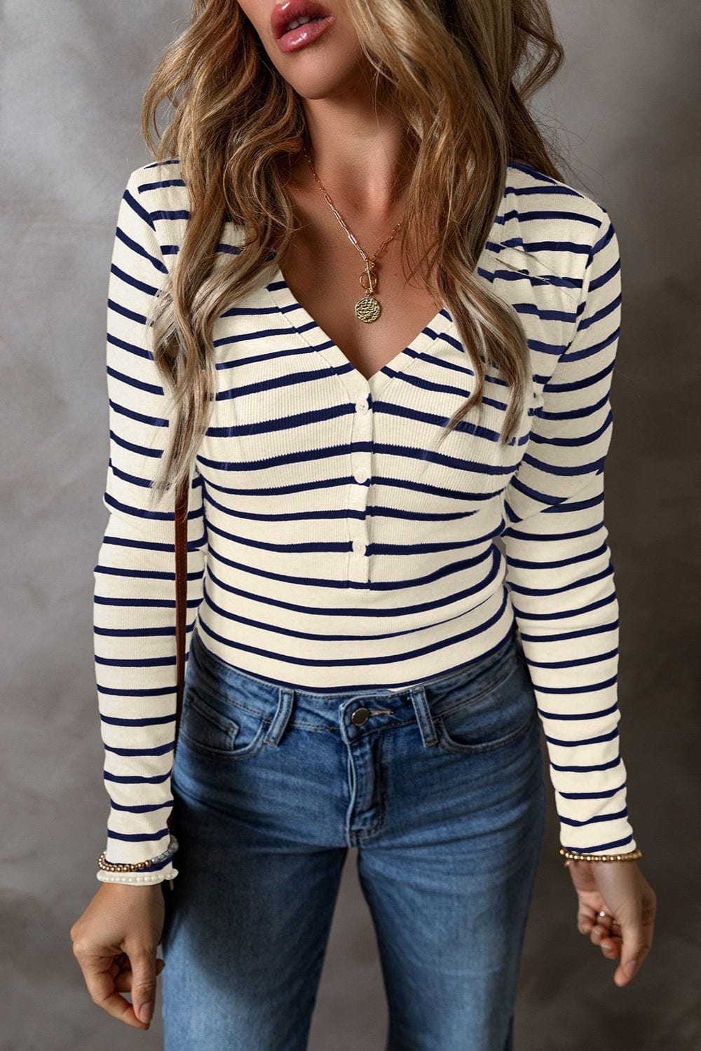 Trendsi Fall Dark Blue / S Striped V-Neck Long Sleeve Top Striped V-Neck Long Sleeve Top
