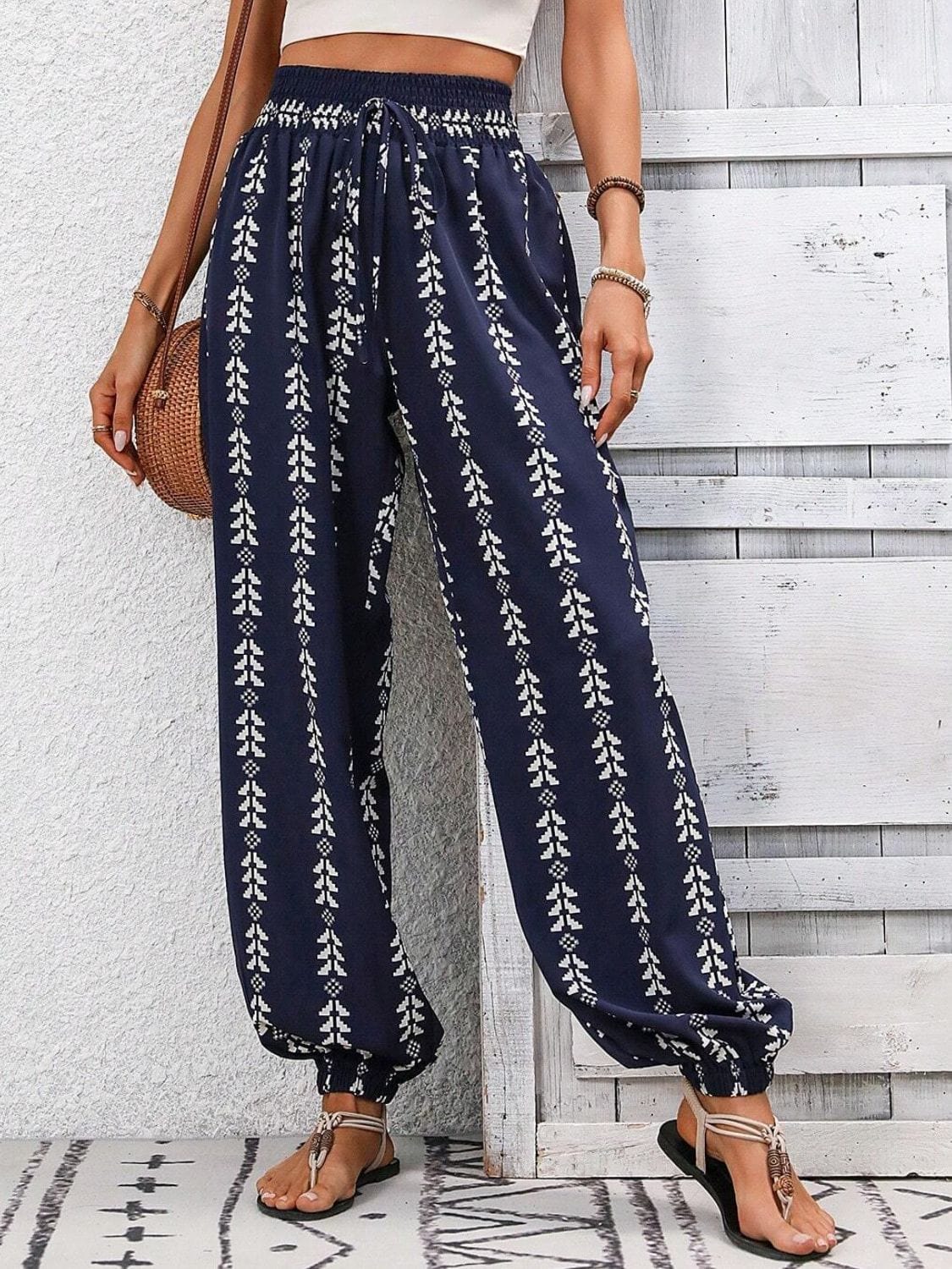 Trendsi Fall Dark Blue / S Tied Printed High Waist Pants Tied Printed High Waist Pants