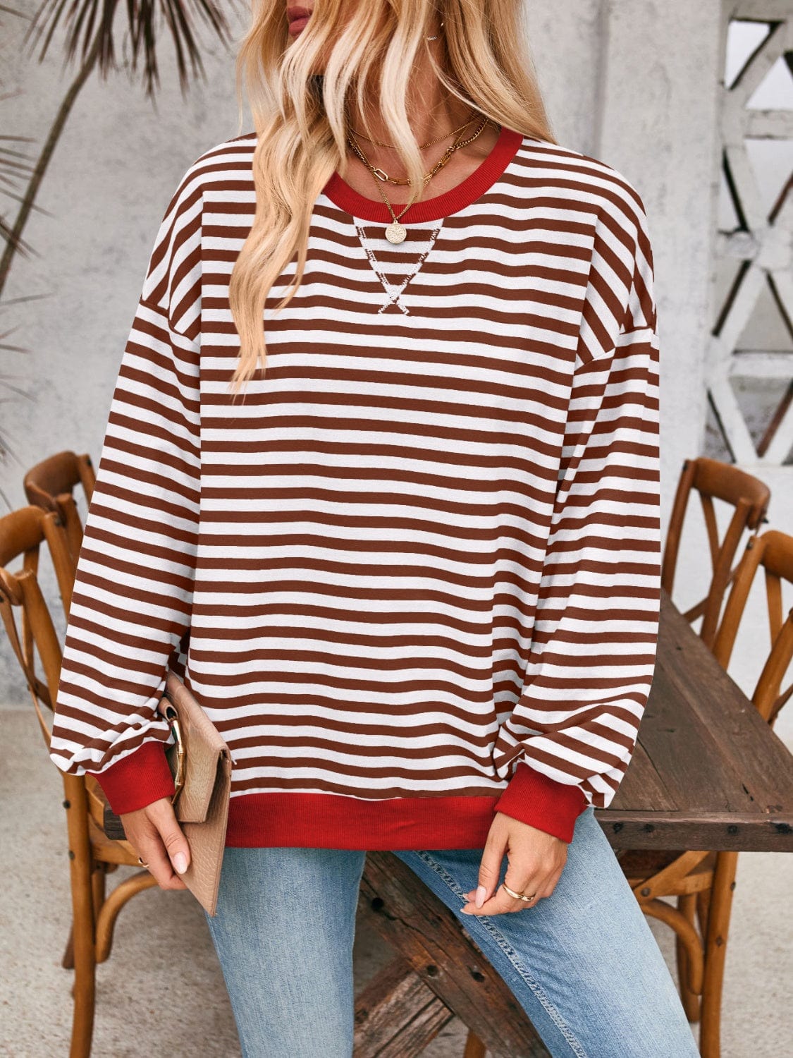 Trendsi Fall Dark Brown / S Contrast Striped Long Sleeve Sweatshirt Contrast Striped Long Sleeve Sweatshirt