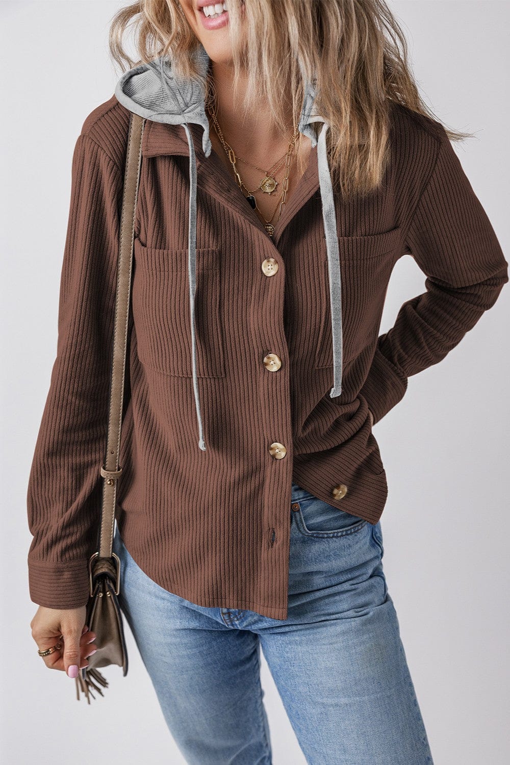 Trendsi Fall Dark Brown / S Drawstring Button Up Long Sleeve Hooded Jacket Drawstring Button Up Long Sleeve Hooded Jacket