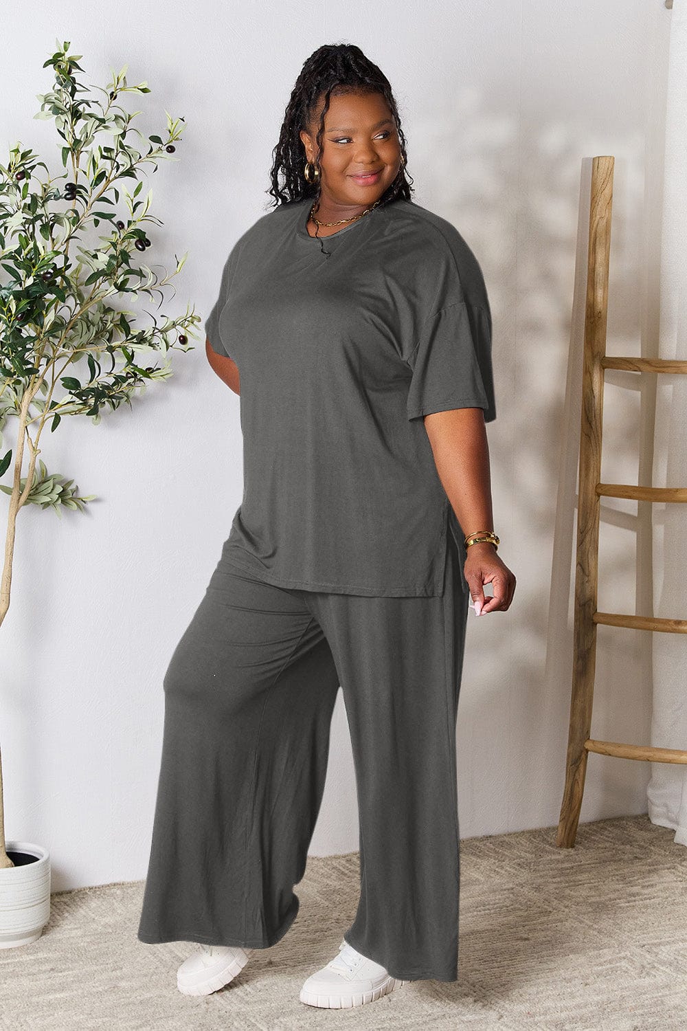 Trendsi Fall Dark Gray / S Double Take Full Size Round Neck Slit Top and Pants Set Double Take Full Size Round Neck Slit Top and Pants Set