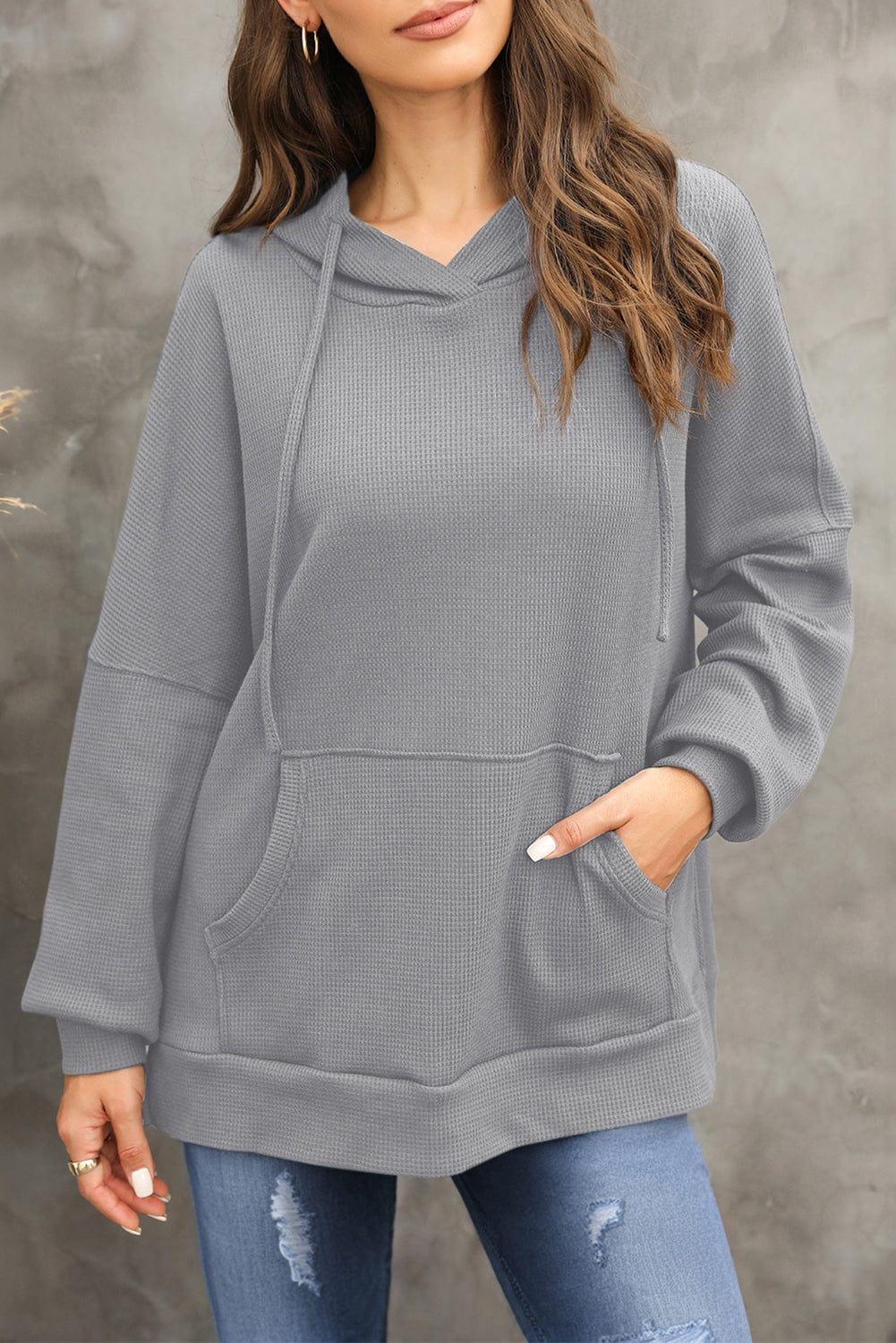 Trendsi Fall Dark Gray / S Waffle-Knit Long Sleeve Hoodie Waffle-Knit Long Sleeve Hoodie