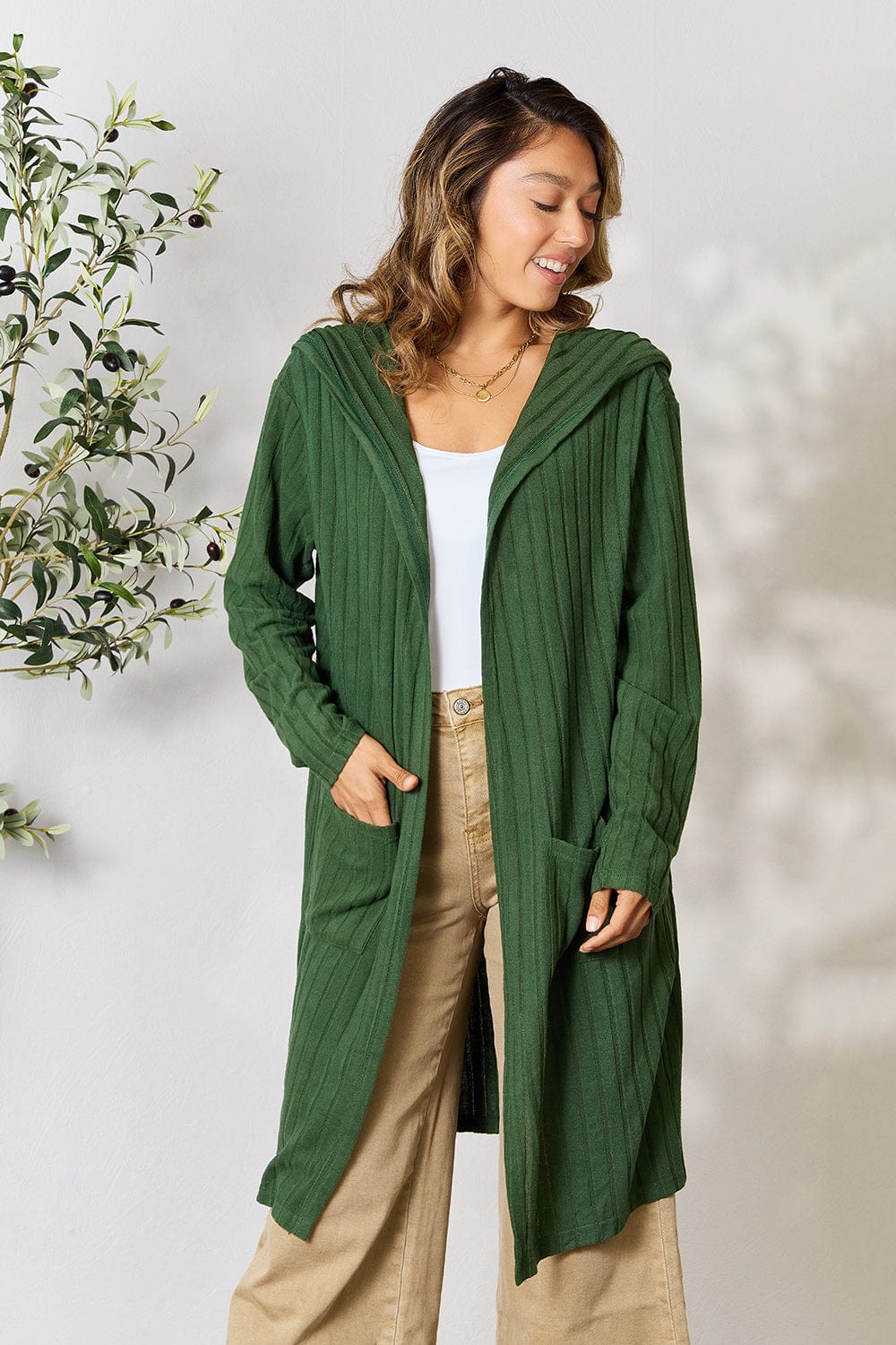Trendsi Fall Dark Green / S Basic Bae Full Size Hooded Sweater Cardigan Basic Bae Full Size Hooded Sweater Cardigan