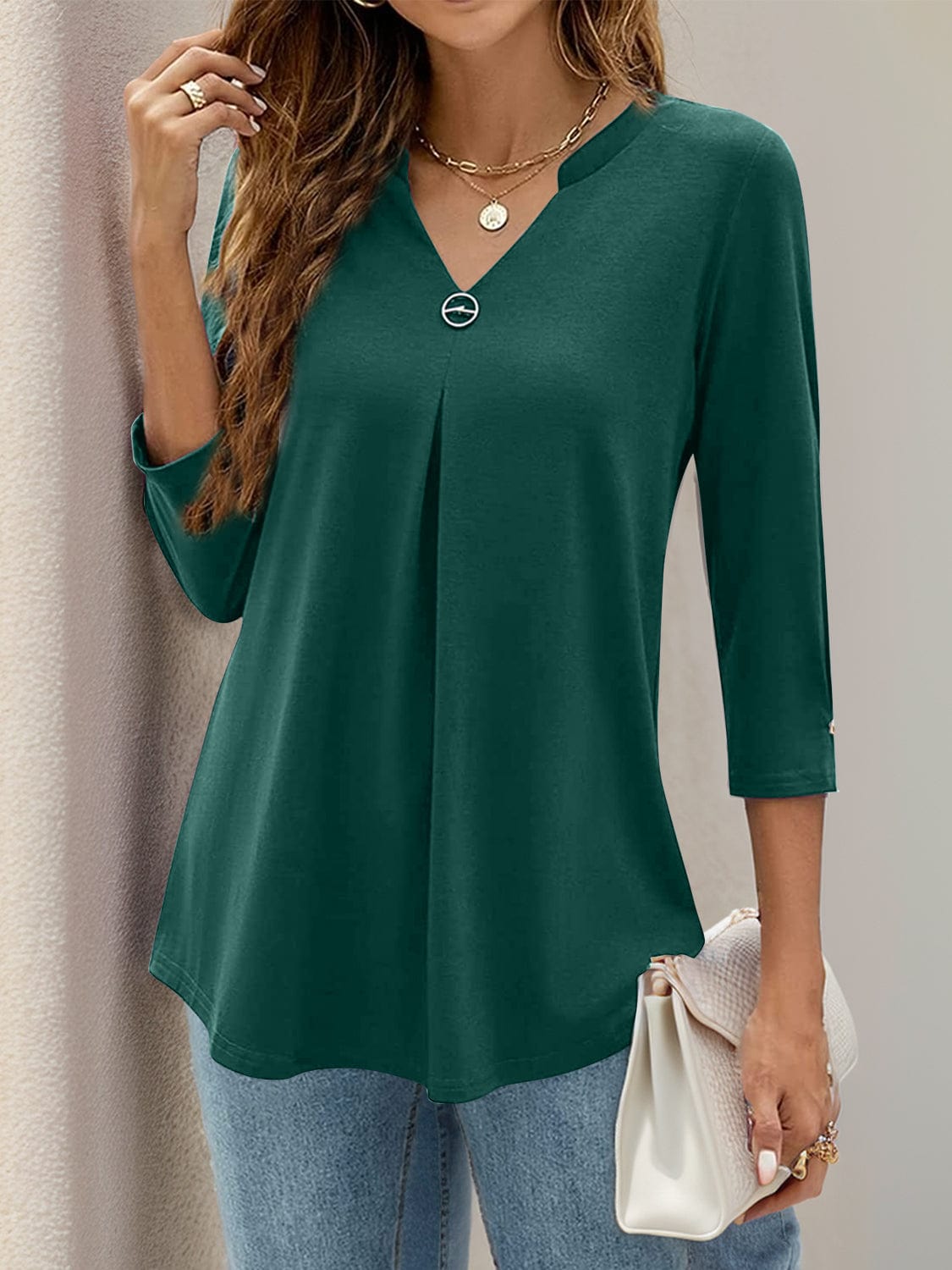 Trendsi Fall Dark Green / S Notched Three-Quarter Sleeve T-Shirt Notched Three-Quarter Sleeve T-Shirt