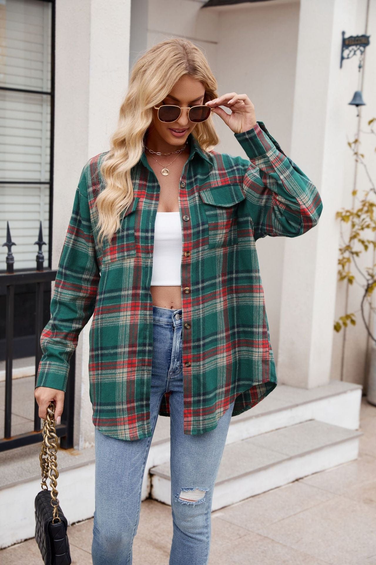 Trendsi Fall Dark Green / S Plaid Button Up Long Sleeve Shirt Plaid Button Up Long Sleeve Shirt