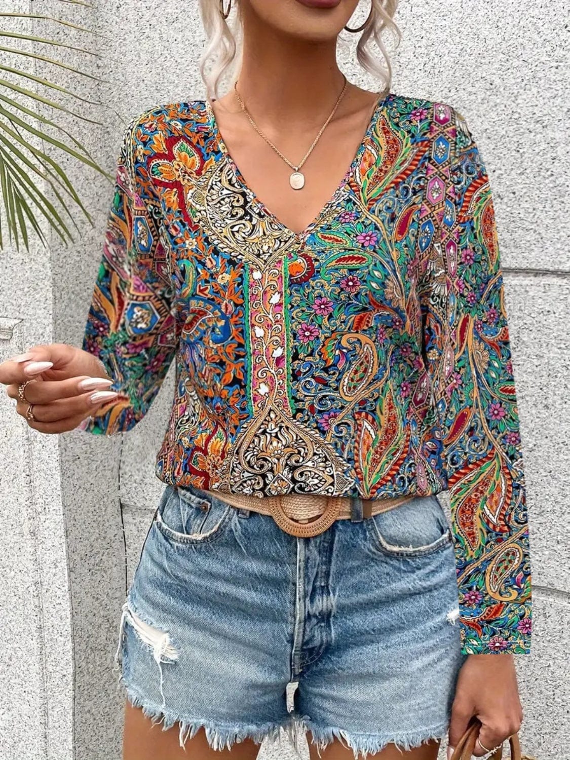 Trendsi Fall Dark Green / S Printed V-Neck Long Sleeve Blouse Printed V-Neck Long Sleeve Blouse