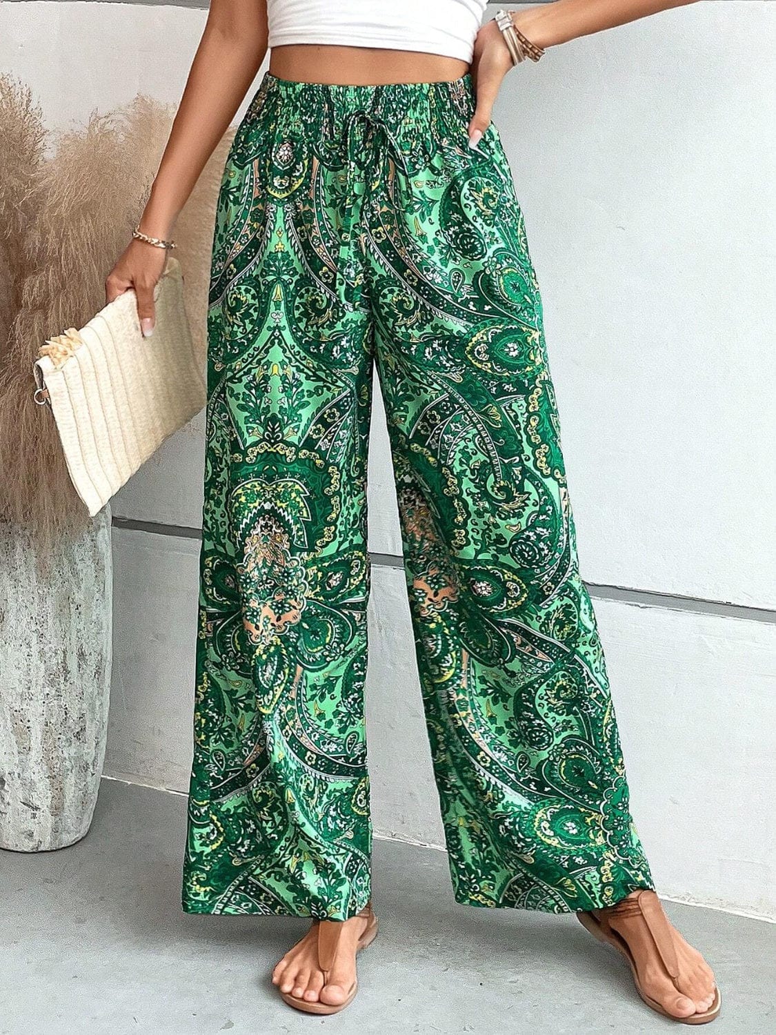 Trendsi Fall Dark Green / S Printed Wide Leg Pants Printed Wide Leg Pants