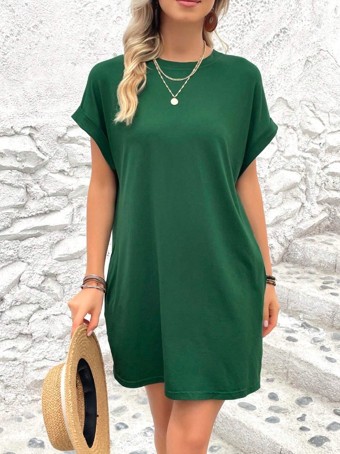 Trendsi Fall Dark Green / S Round Neck Short Sleeve Mini Dress Round Neck Short Sleeve Mini Dress