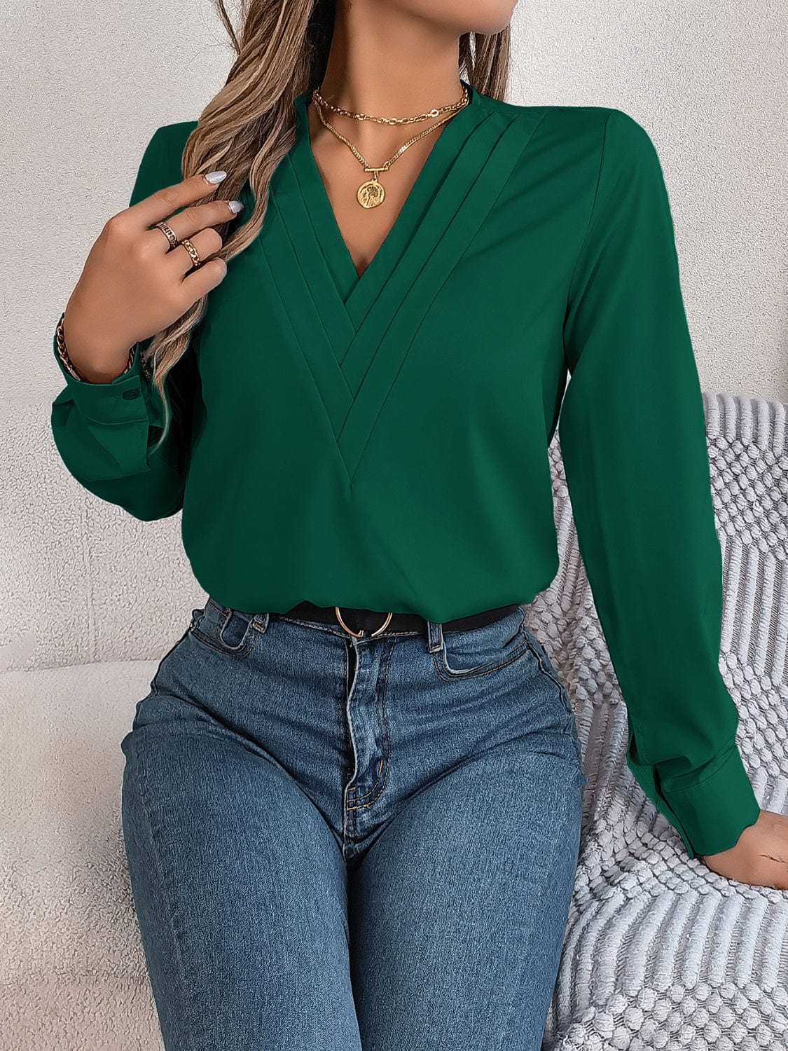Trendsi Fall Dark Green / S V-Neck Long Sleeve Blouse V-Neck Long Sleeve Blouse
