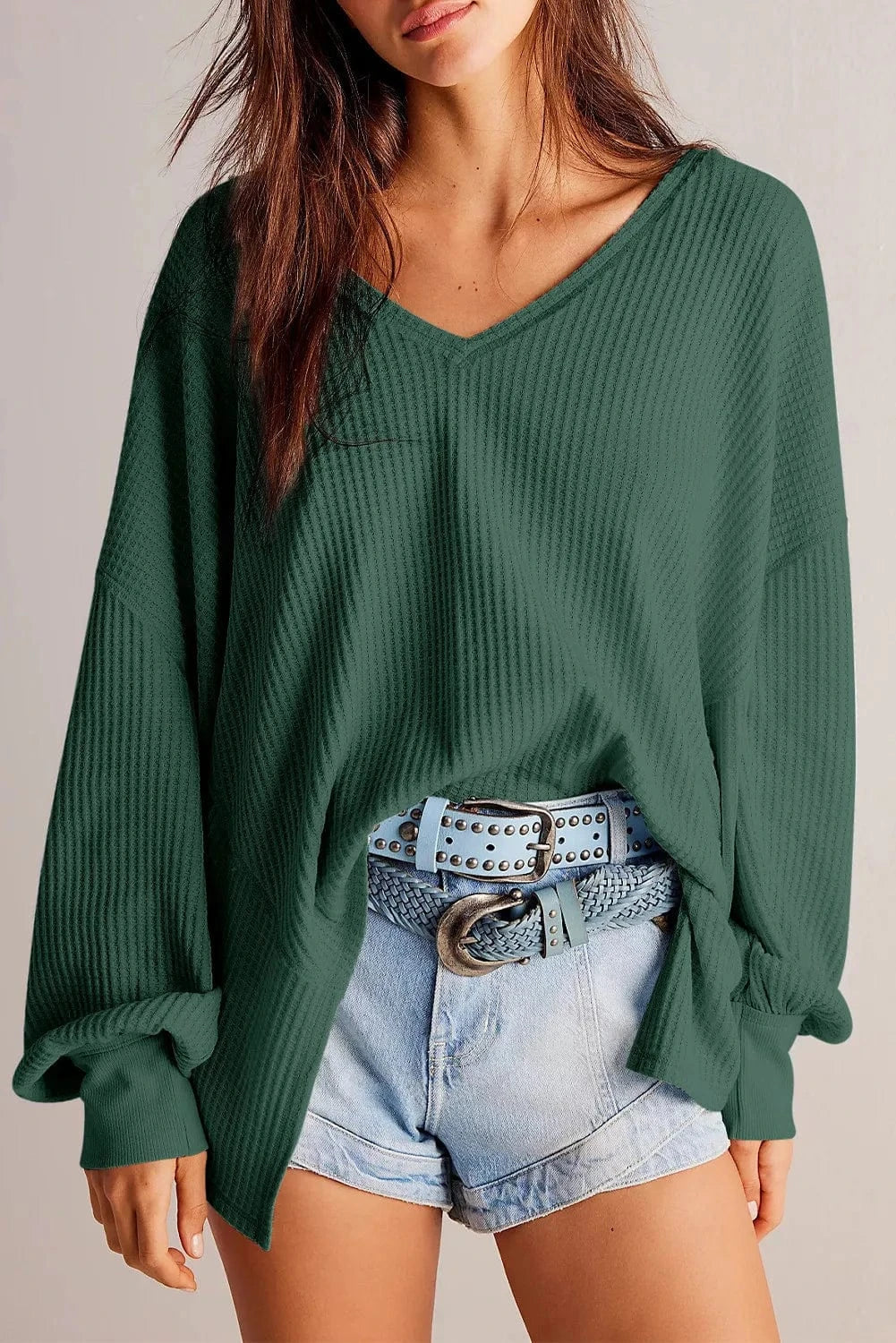 Trendsi Fall Dark Green / S Waffle-Knit V-Neck Long Sleeve Top Waffle-Knit V-Neck Long Sleeve Top