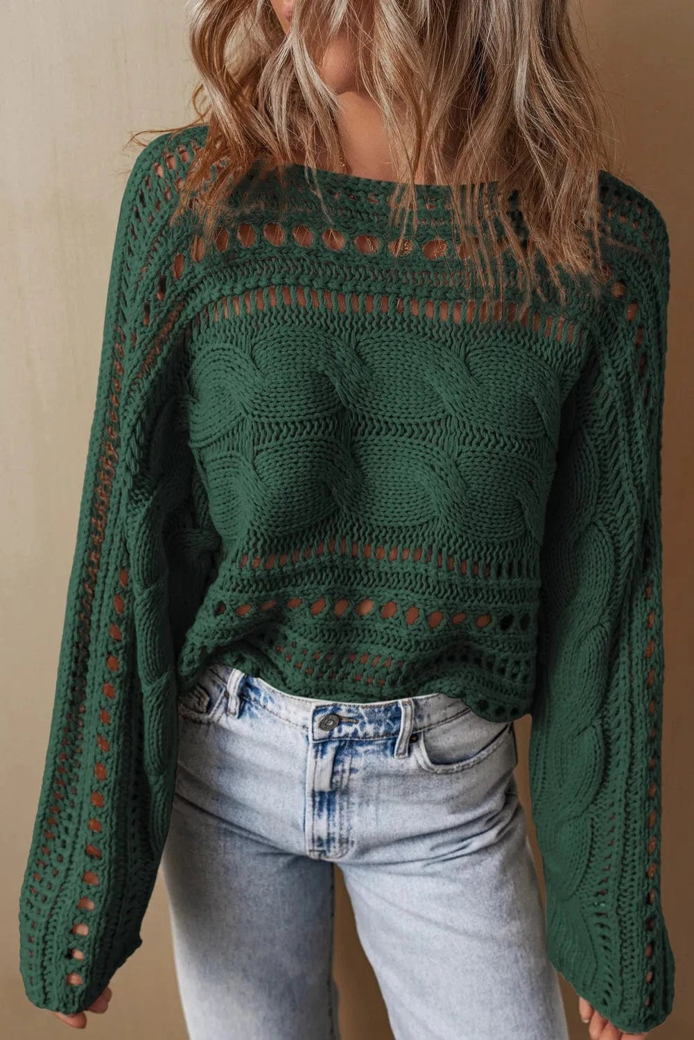 Trendsi Fall Dark Green / XL Cable-Knit Openwork Long Sleeve Sweater Cable-Knit Openwork Long Sleeve Sweater