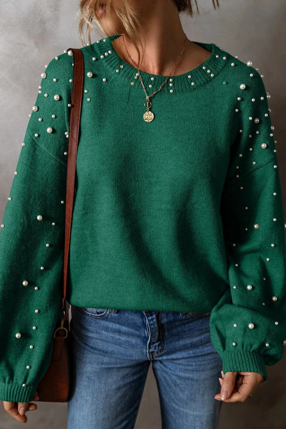 Trendsi Fall Dark Green / XL Pearl Detail Round Neck Long Sleeve Sweater Pearl Detail Round Neck Long Sleeve Sweater