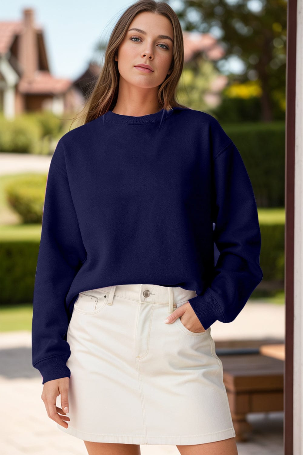 Trendsi Fall Dark Navy / S Round Neck Long Sleeve Sweatshirt Round Neck Long Sleeve Sweatshirt